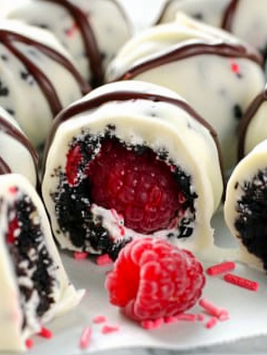 Close-up of a raspberry inside an Oreo ball
