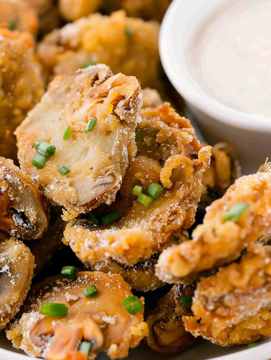 Breaded fried mushrooms golden in a skillet