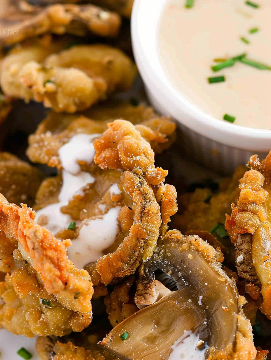 Close-up of crispy fried mushroom slices on a plate