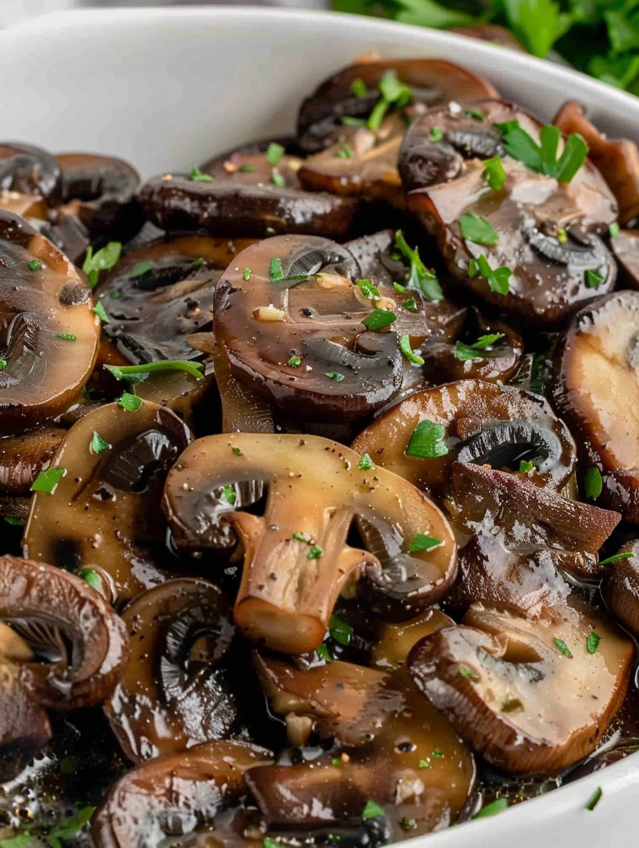 Sautéed mushrooms in skillet with parsley