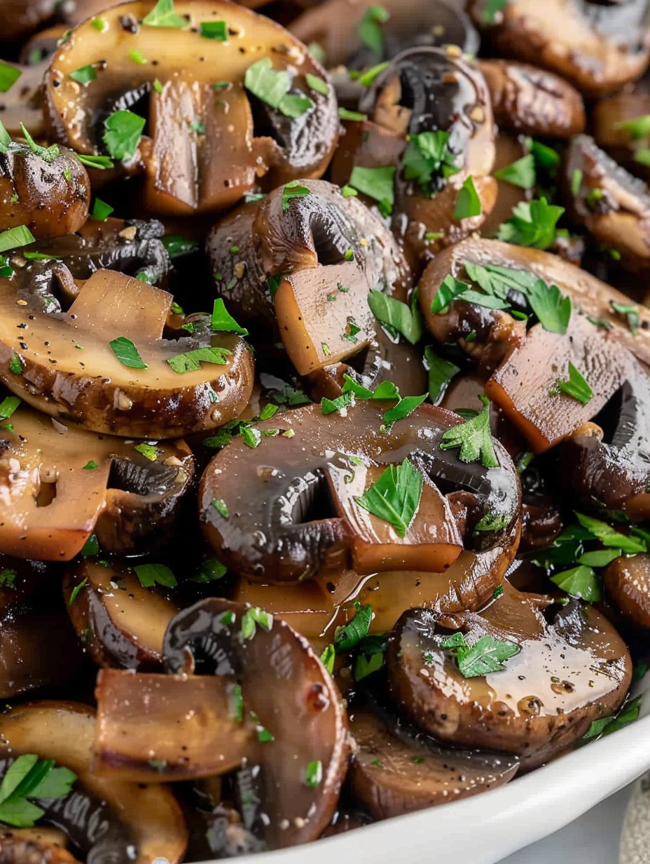 Plated sautéed mushrooms with parsley garnish