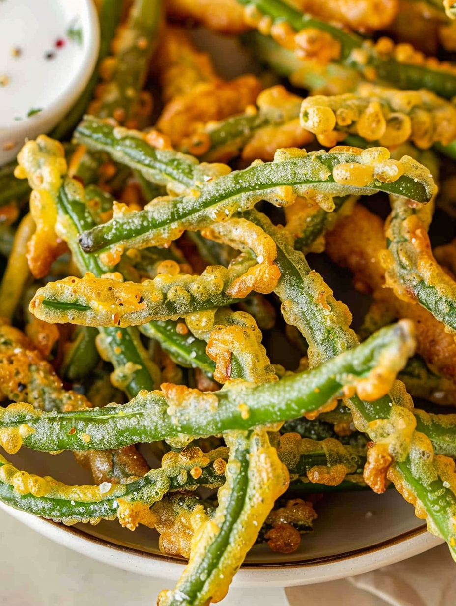 Battered green beans frying golden in oil