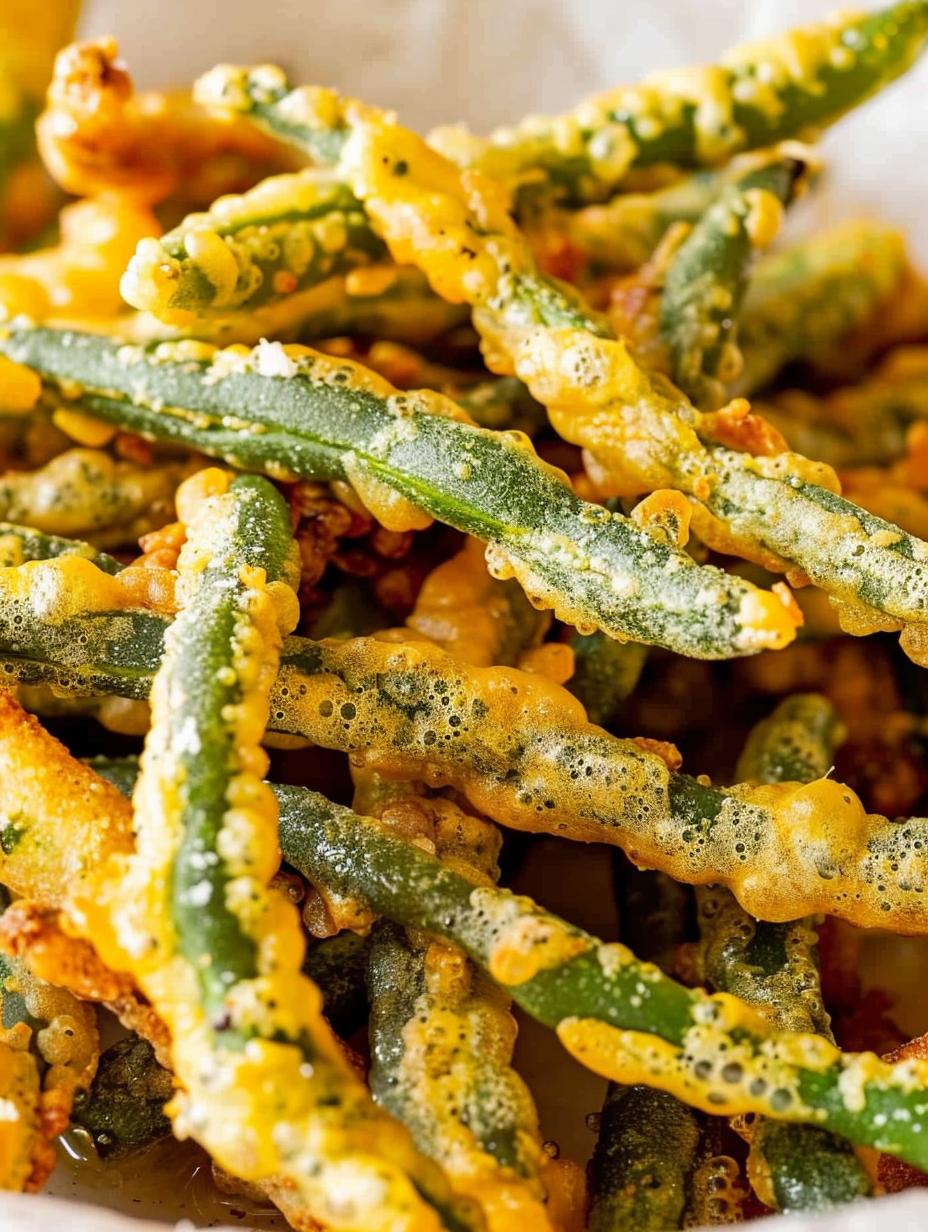 Finished basket of golden fried green beans with dipping sauces