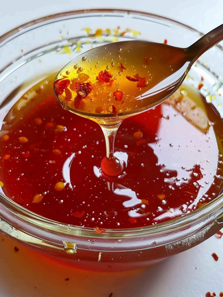 Small jar of hot honey on counter