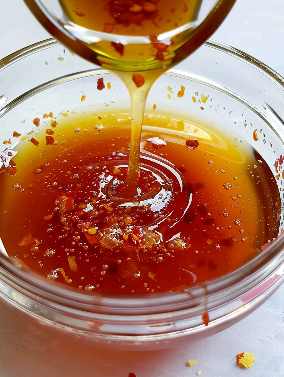 Drizzle of hot honey over pizza