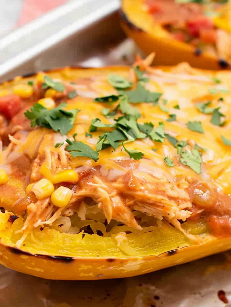 Finished chicken enchilada spaghetti squash in baking dish