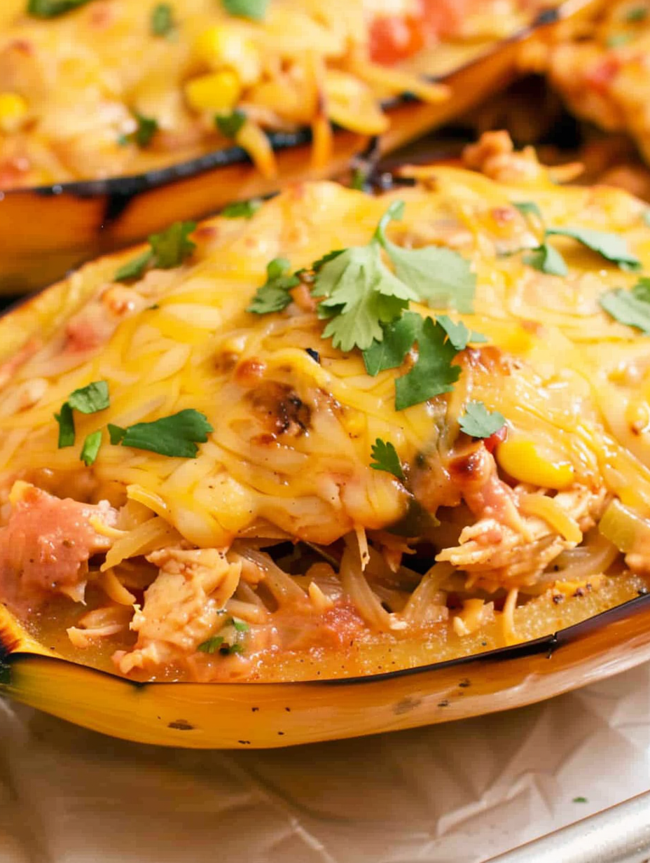 Shredded chicken and squash being mixed in bowl