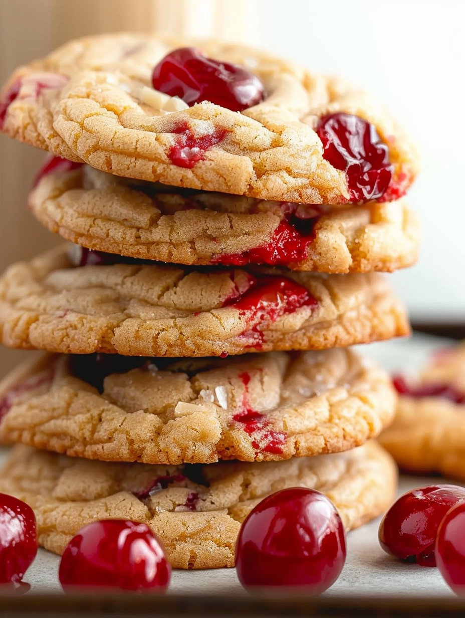 Close-up of cherry pieces in dough