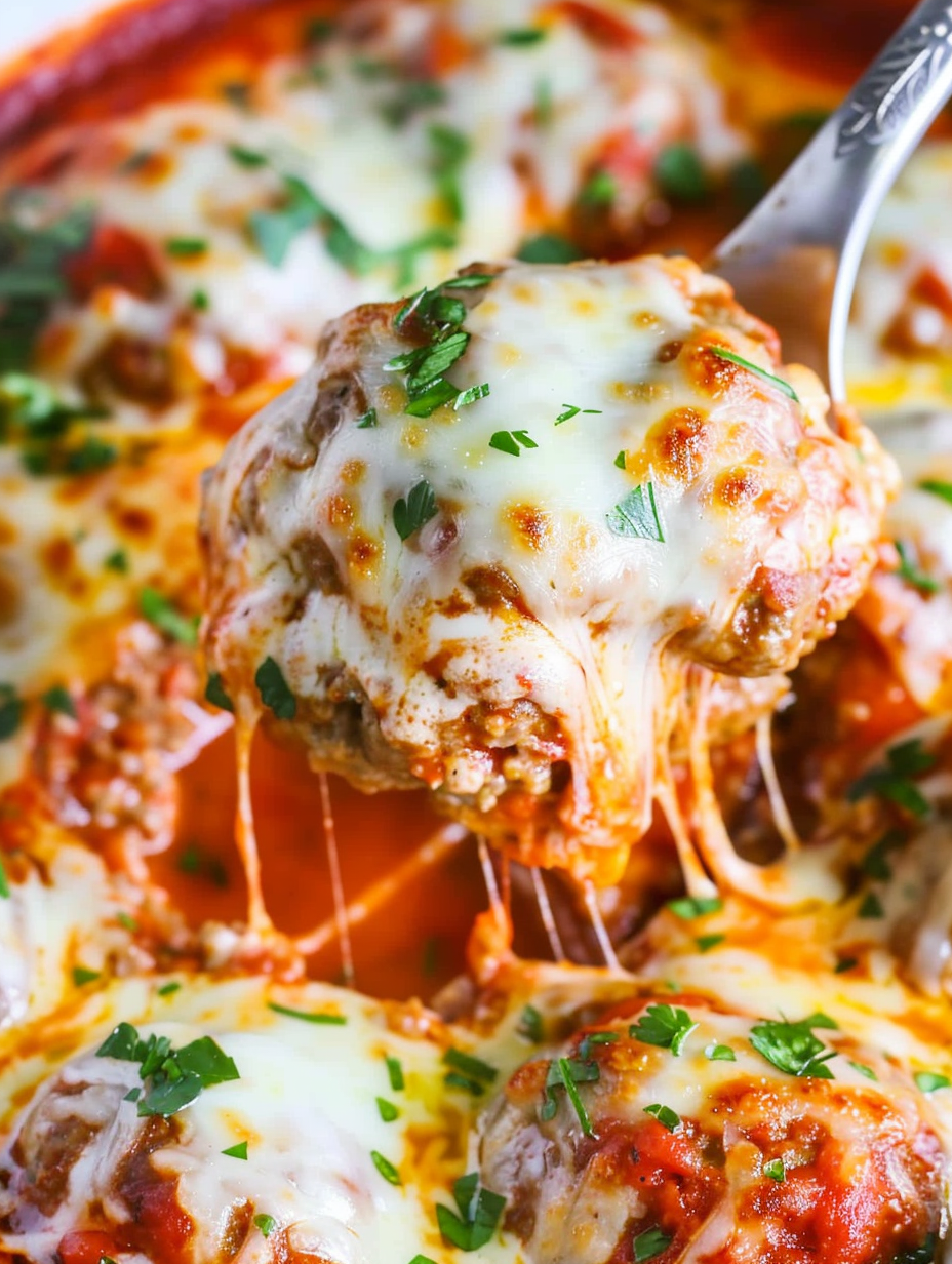 Meatball Parmesan Bake - casserole dish with bubbling cheese