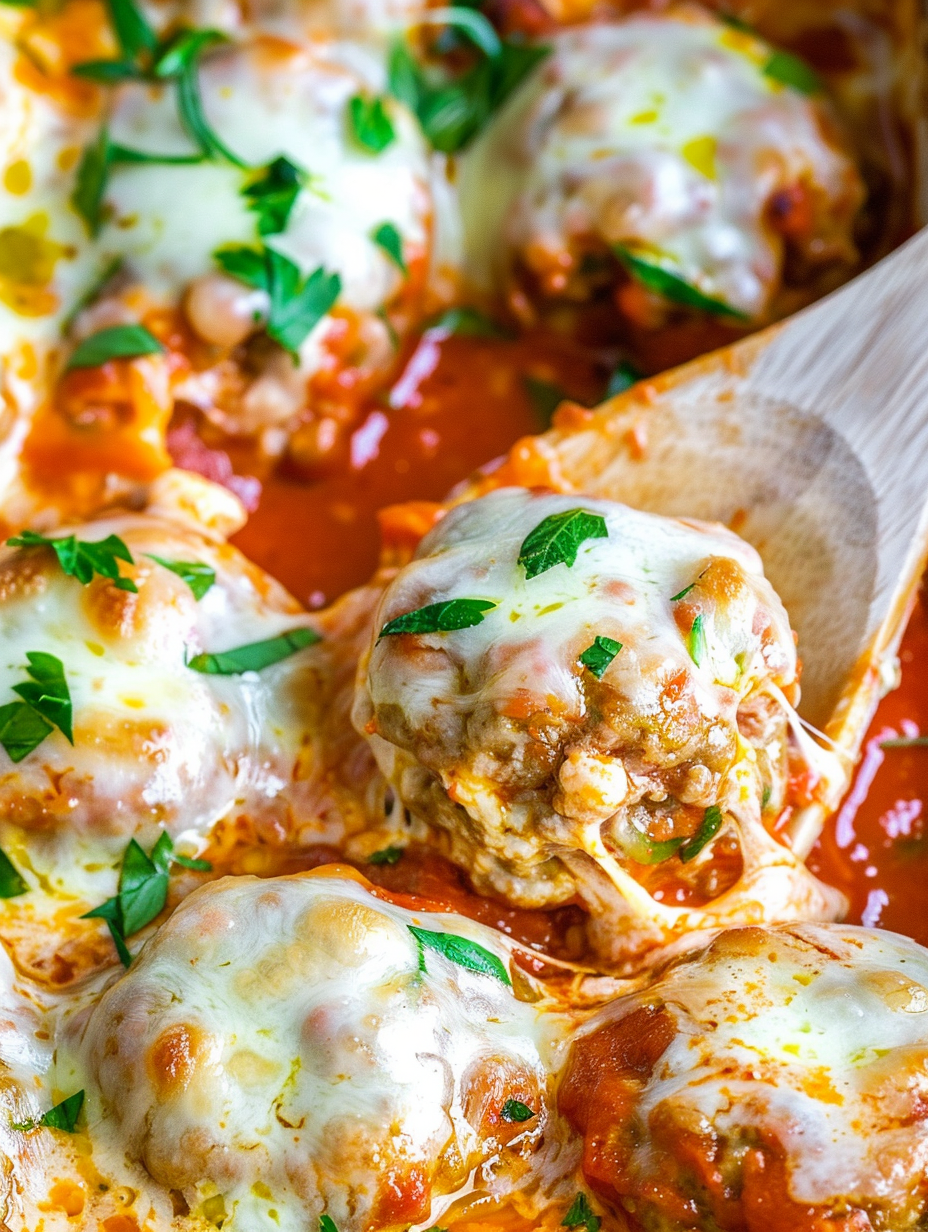 Close-up of sliced meatball with parmesan and sauce