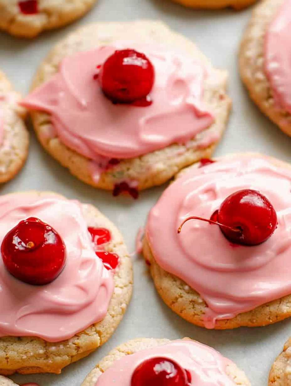 Cherry chip cake mix cookies dough balls on baking sheet