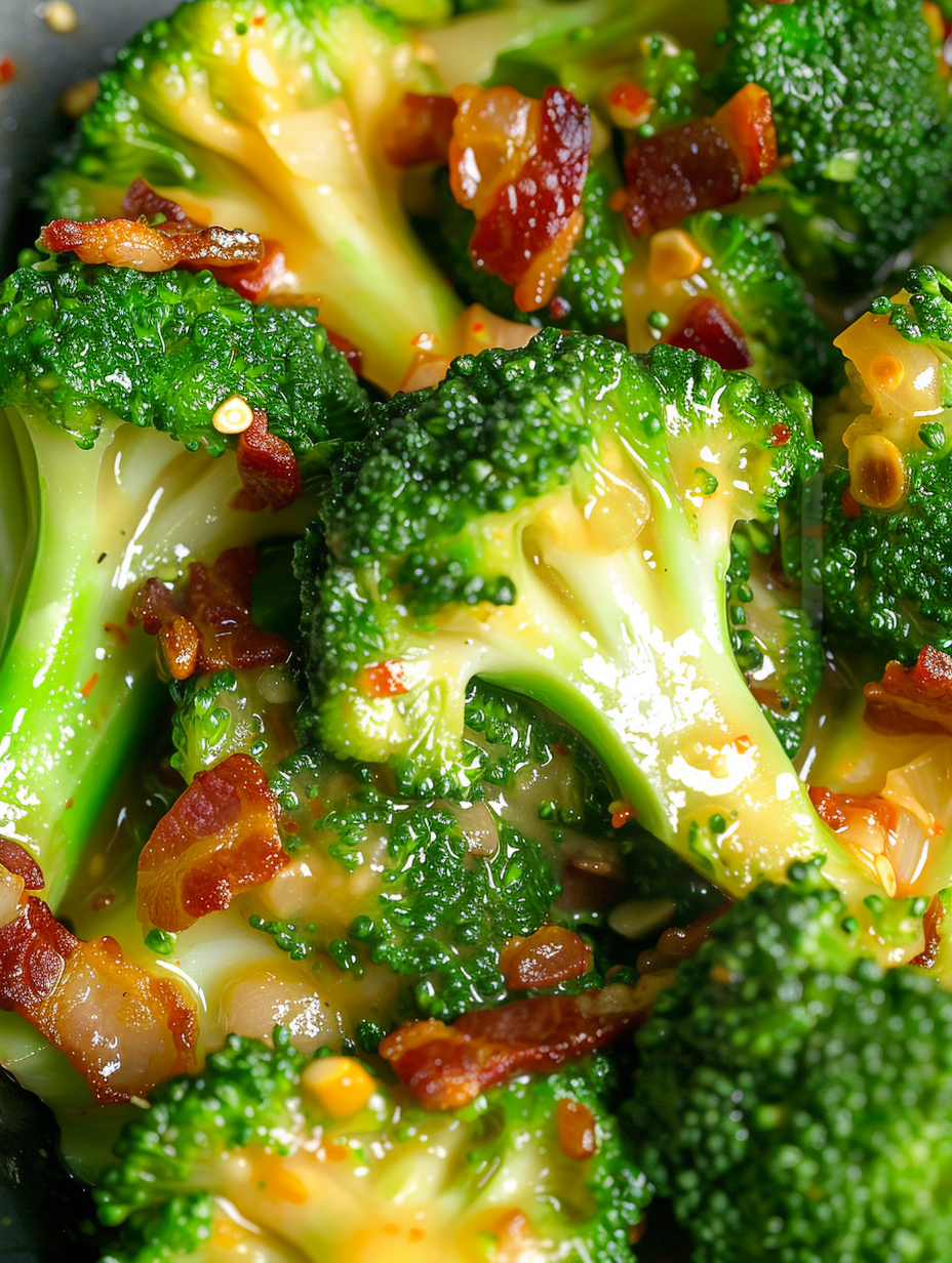 Broccoli with garlic sauce topped with crispy bacon