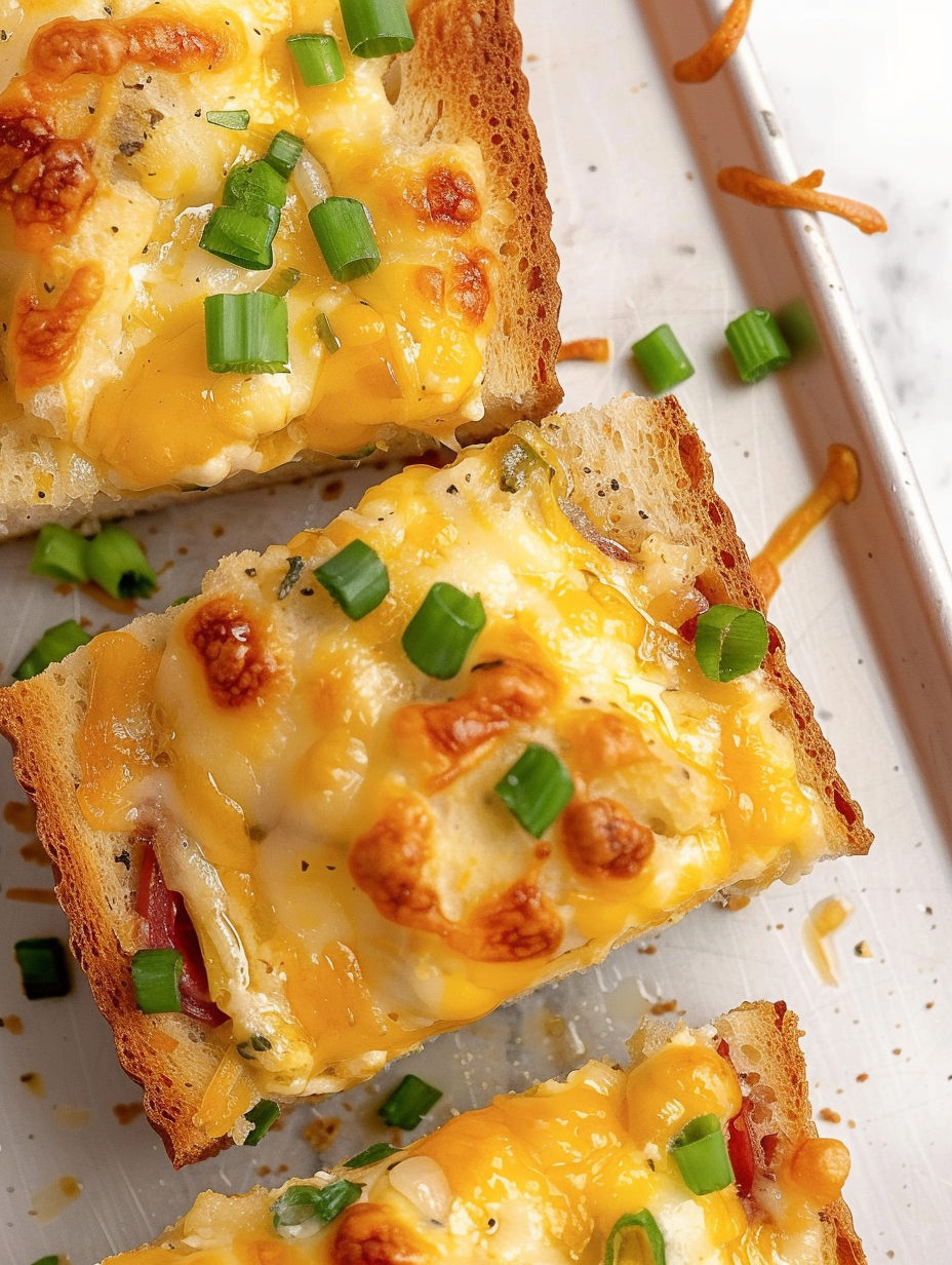 Close-up of melted three-cheese blend on bread