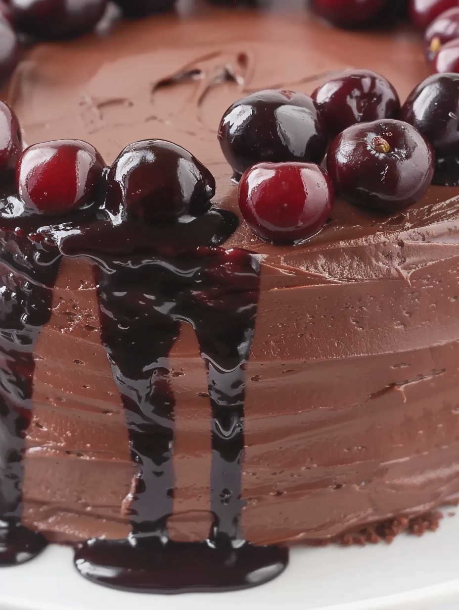 Slice of chocolate cake with cherry jam