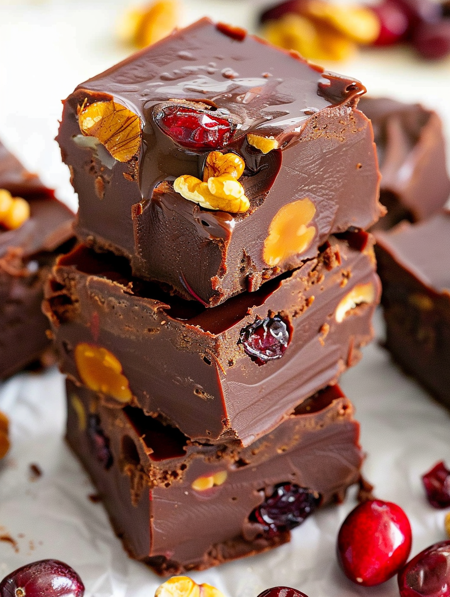 Squares of chocolate fudge on a plate