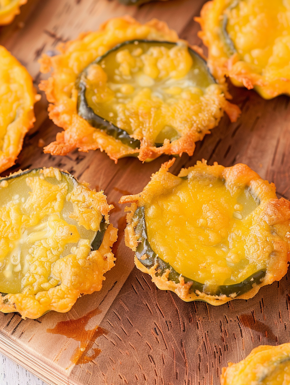 Close-up of crispy cheese edge on pickle chip