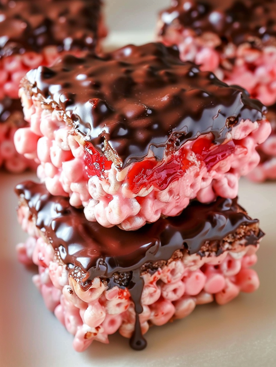 Chocolate covered cherry rice krispies treats on a tray