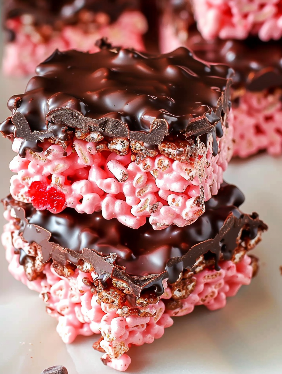 Close up of a chocolate drizzle on a crispy treat