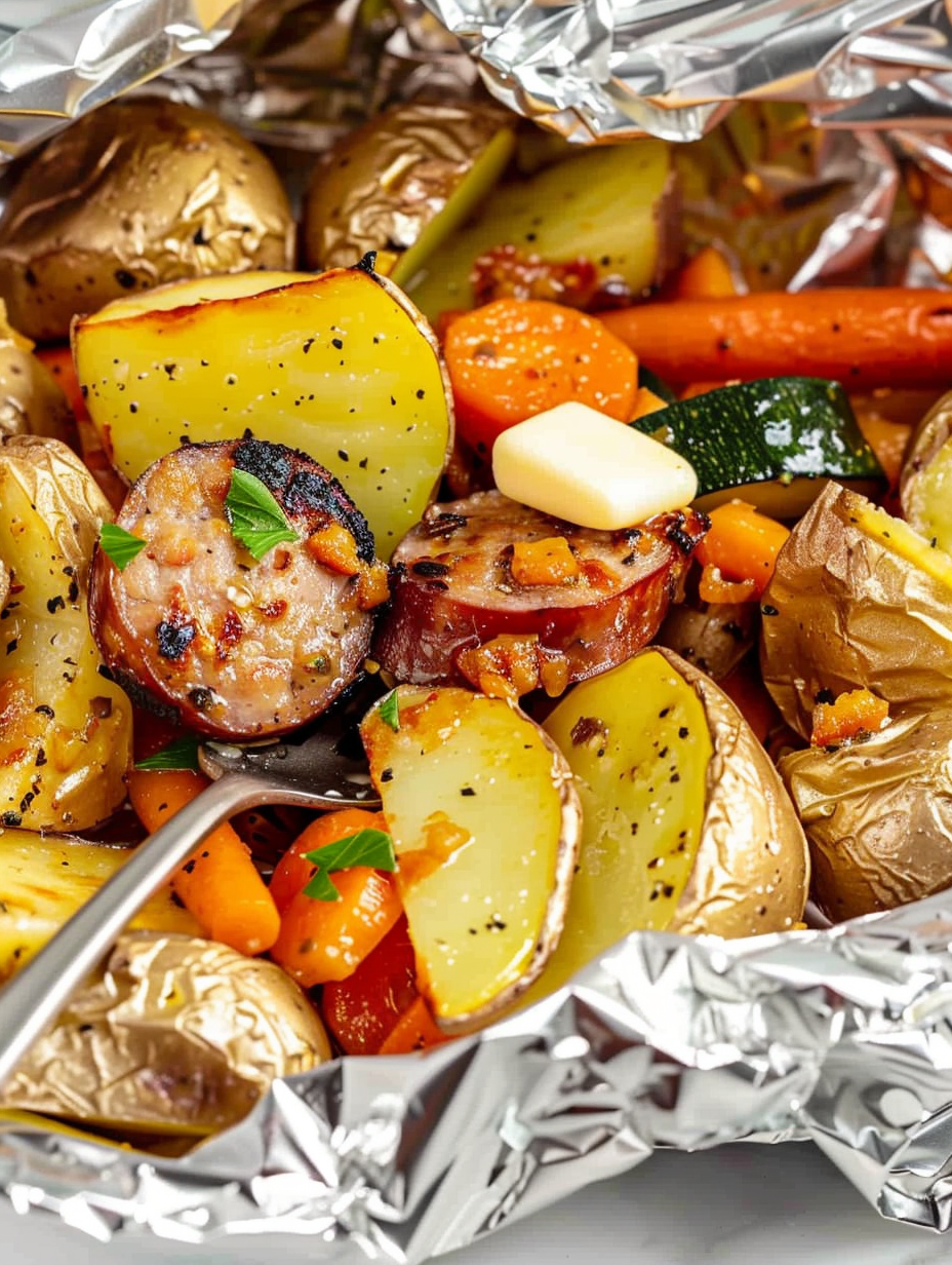 Air Fryer Sausage Foil Packets ready in the basket