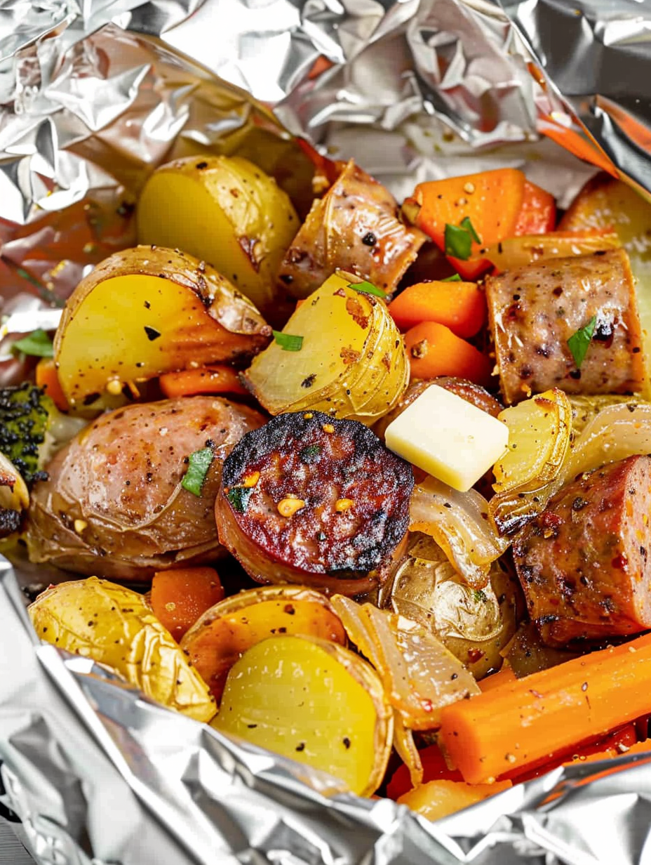 Opened foil packet showing vegetables and sausage