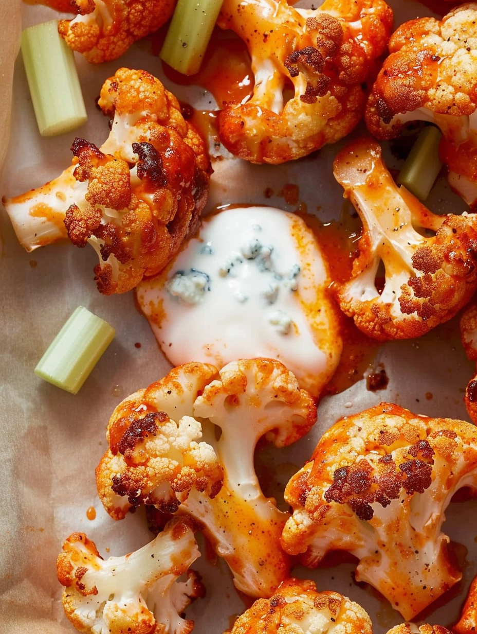 Served buffalo cauliflower with blue cheese dip and celery