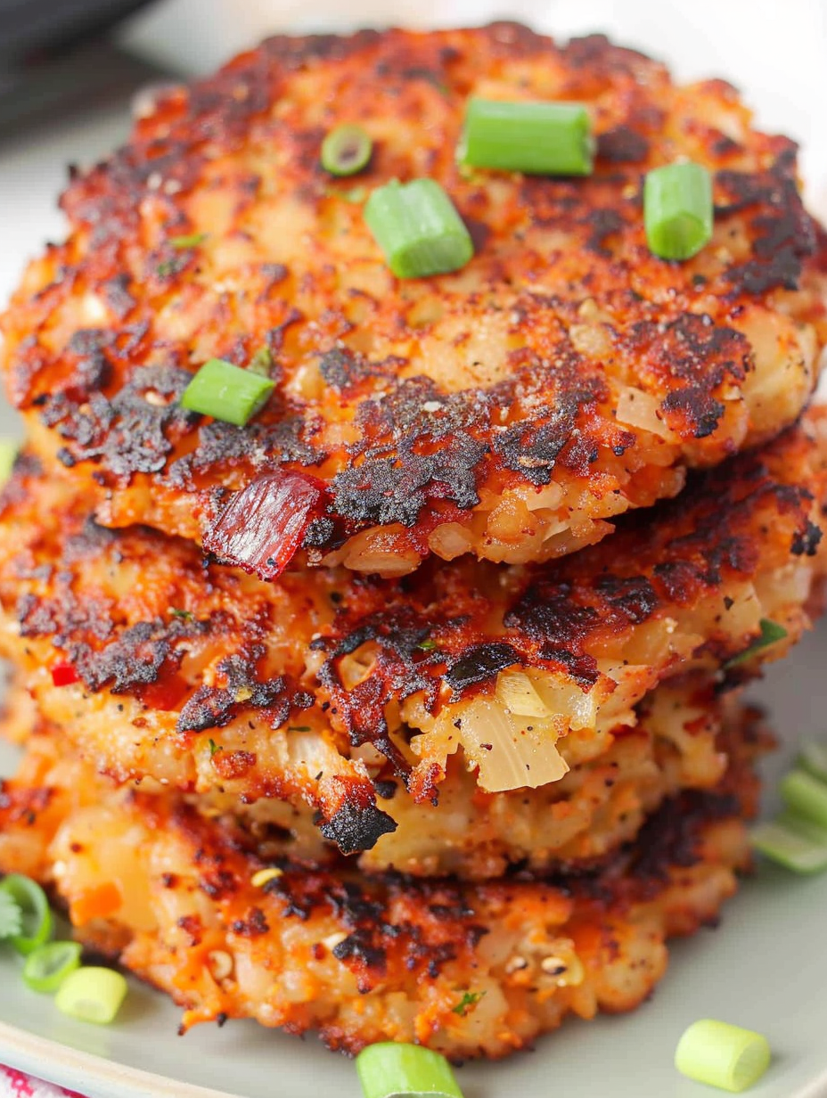 Crispy cauliflower patties on a plate garnished with parsley
