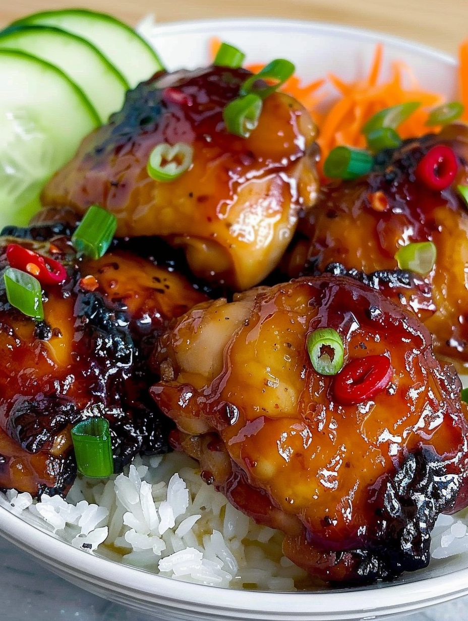 Sticky sweet chili chicken thighs on a plate