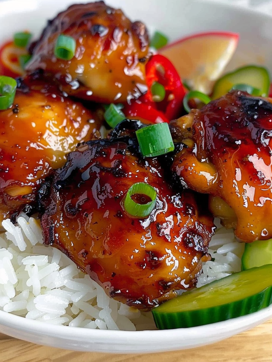 Close-up of glazed chicken thigh being basted