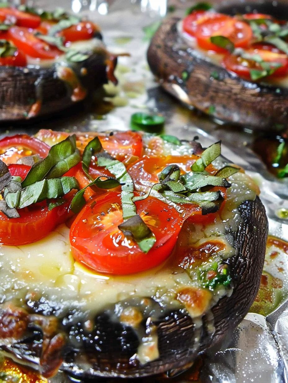Caprese style portobello mushrooms on a baking sheet