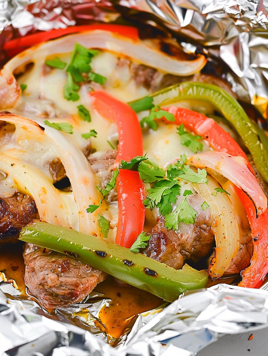 Steak fajita foil packets sizzling on a baking sheet