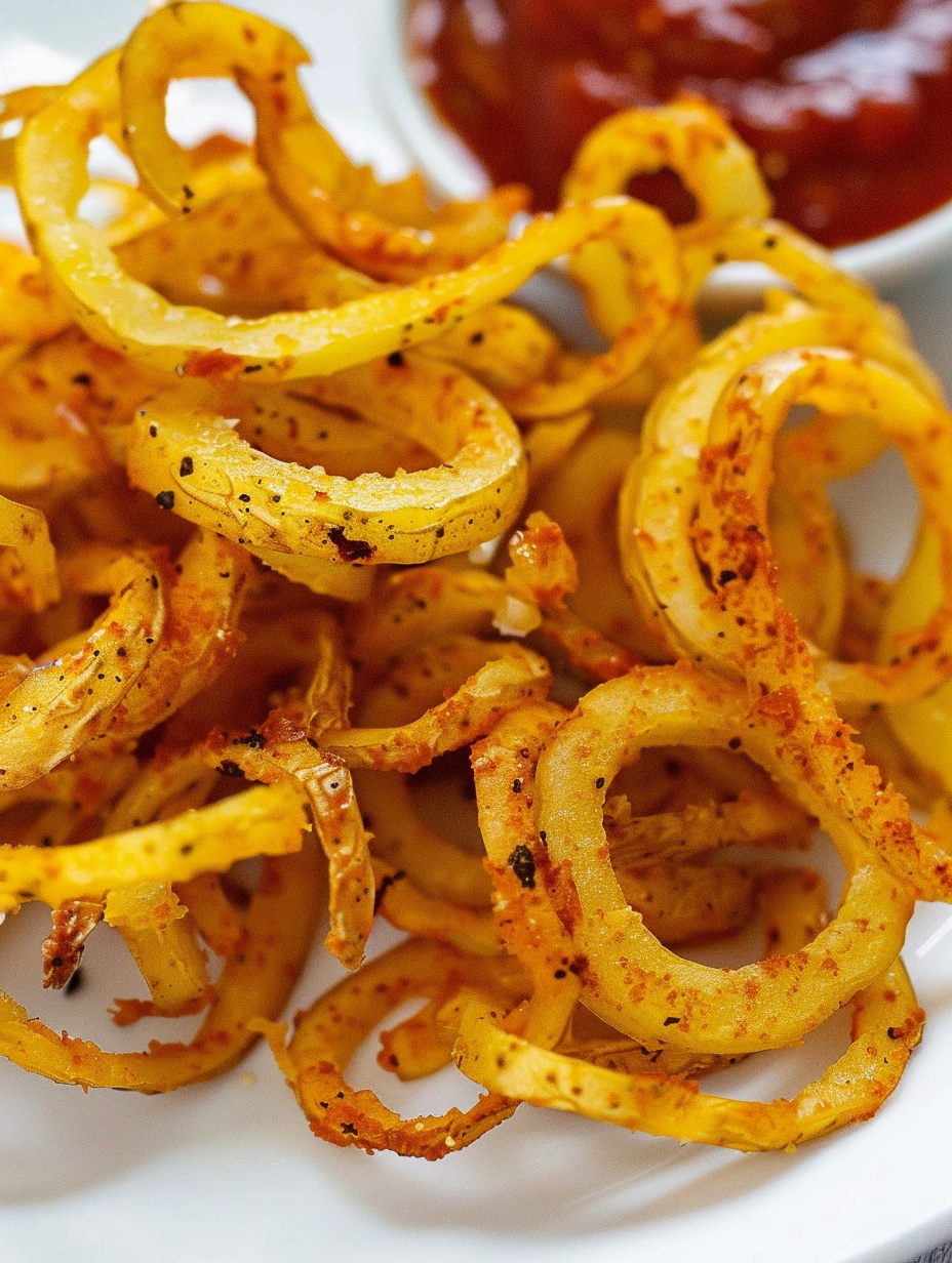 Plated curly fries with dipping sauces