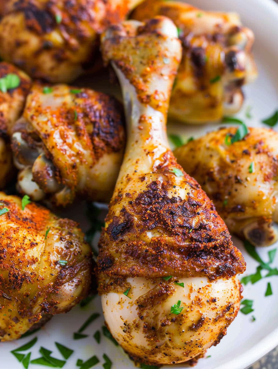 Golden brown chicken legs on serving platter