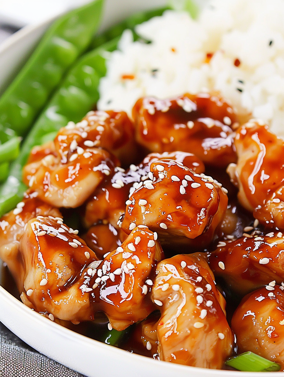 Healthy sesame chicken plated with sesame seeds