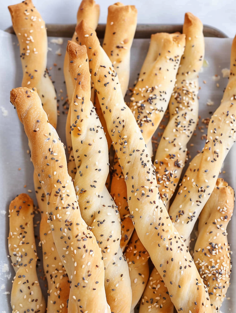 Freshly baked breadsticks on a baking sheet