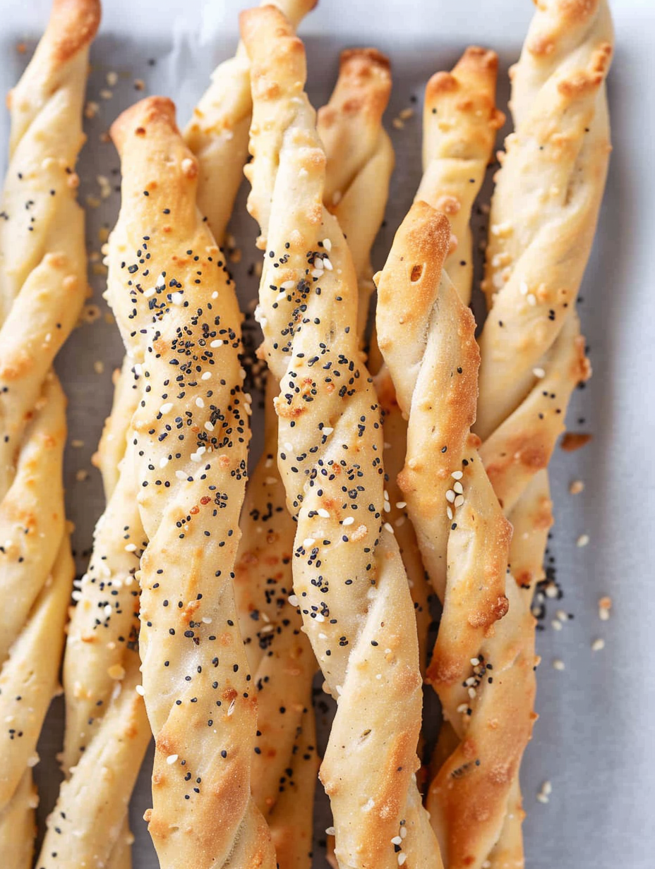 Breadsticks on a wooden board with seeds