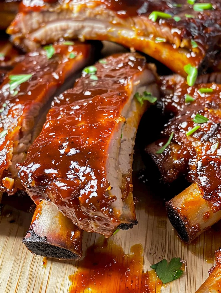 Country style ribs in air fryer, half coated with sauce