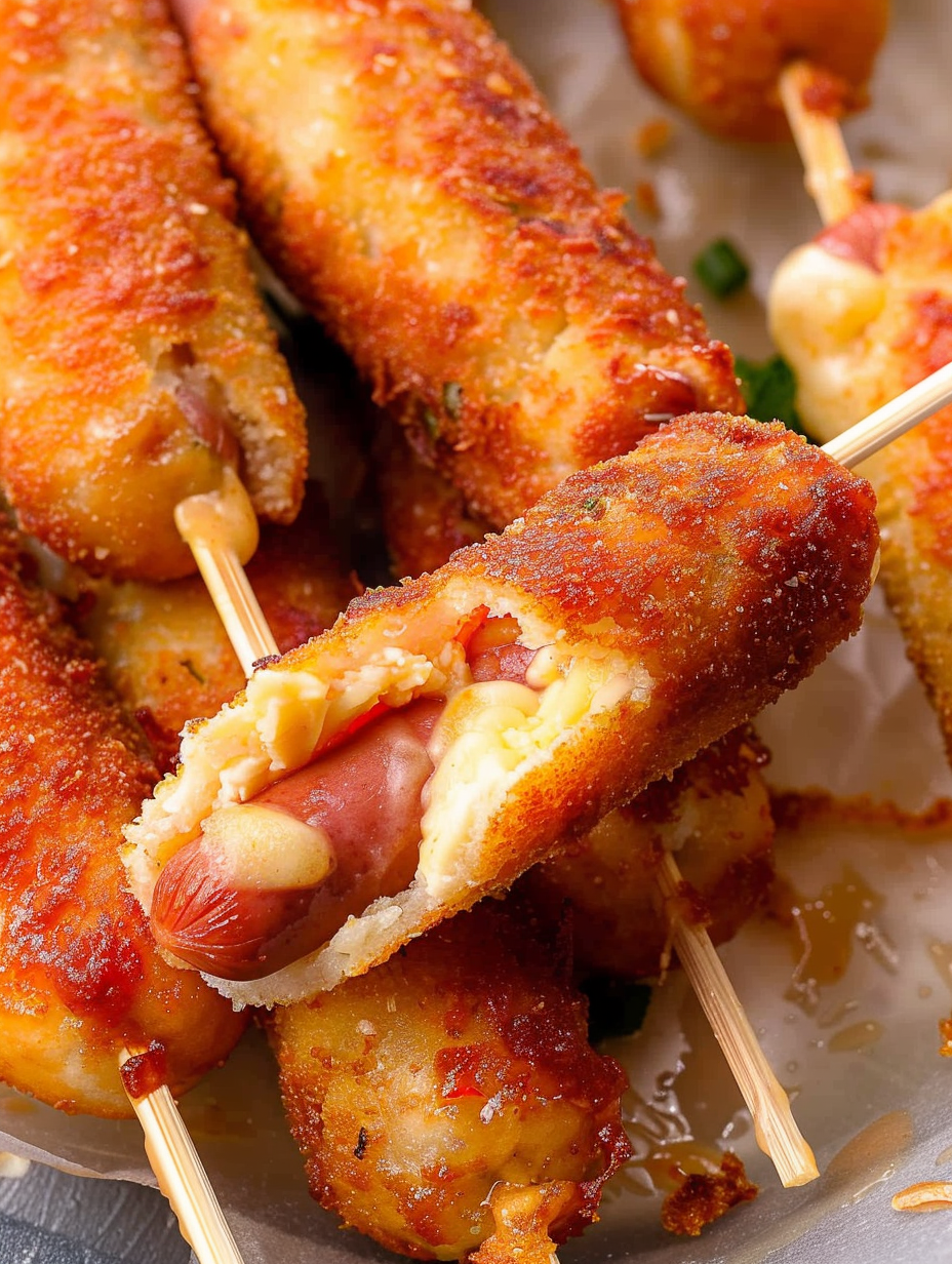 Close-up of keto corn dog cross-section