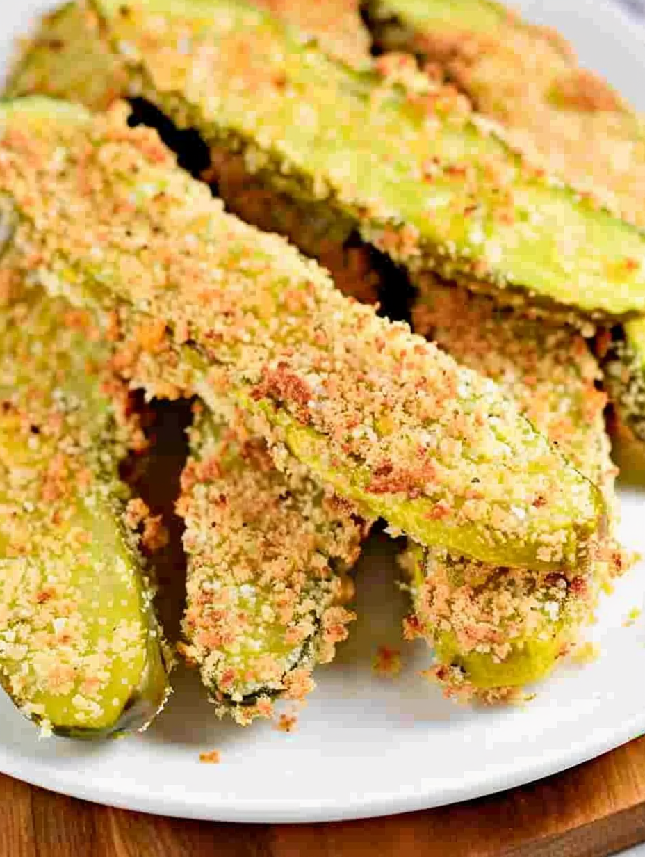 Close up of crispy coated keto pickles