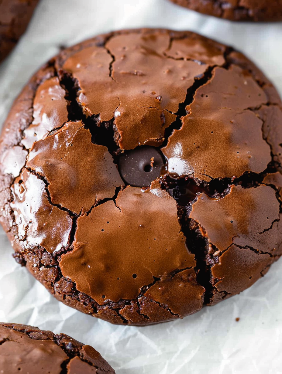Single flourless chocolate cookie with crinkled top on a plate