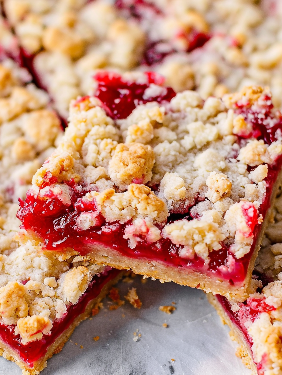 Slice of cherry crumble bar on a plate