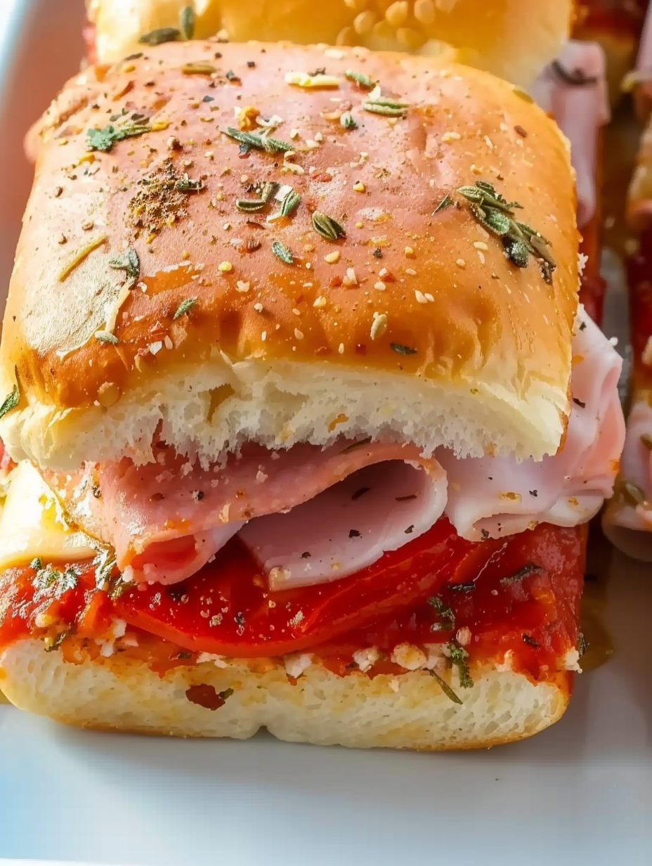 Hot Italian Sub Sliders fresh from oven on platter