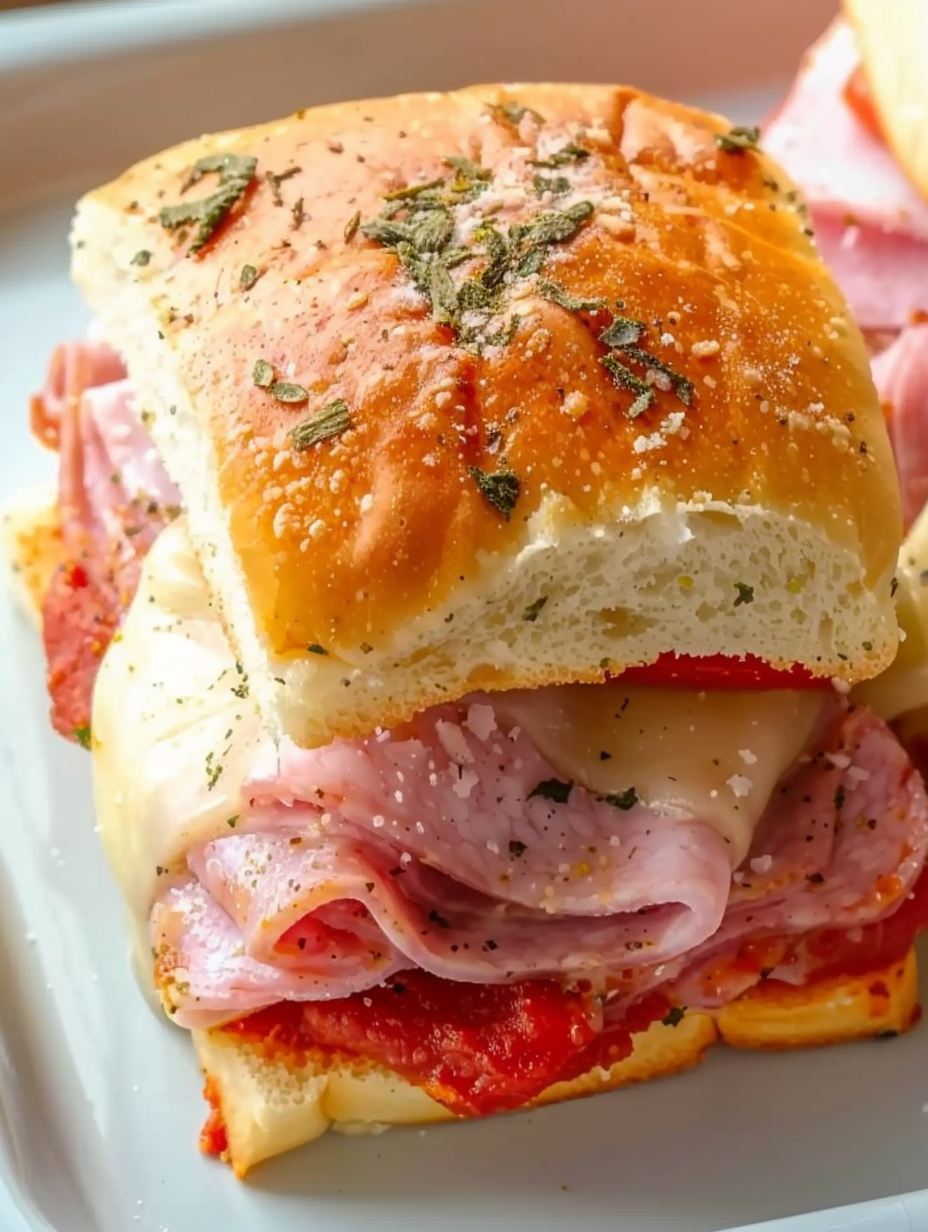 Close up of slider showing layers of ham salami pepperoni and provolone