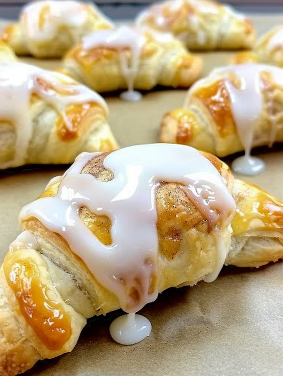 Crescent rolls filled with cream cheese cinnamon filling on a parchment-lined baking sheet