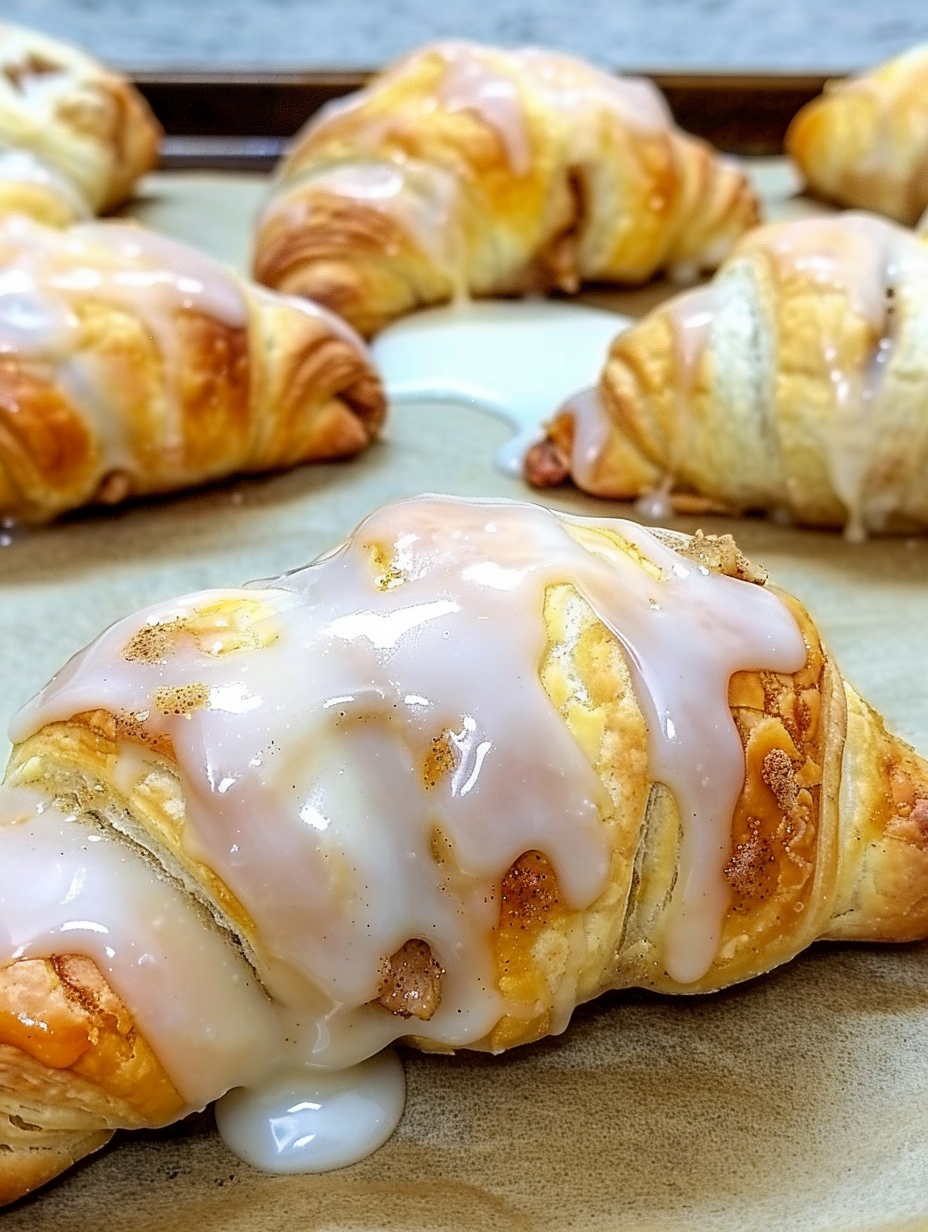 Glazed crescent cream cheese cinnamon rolls on a serving plate