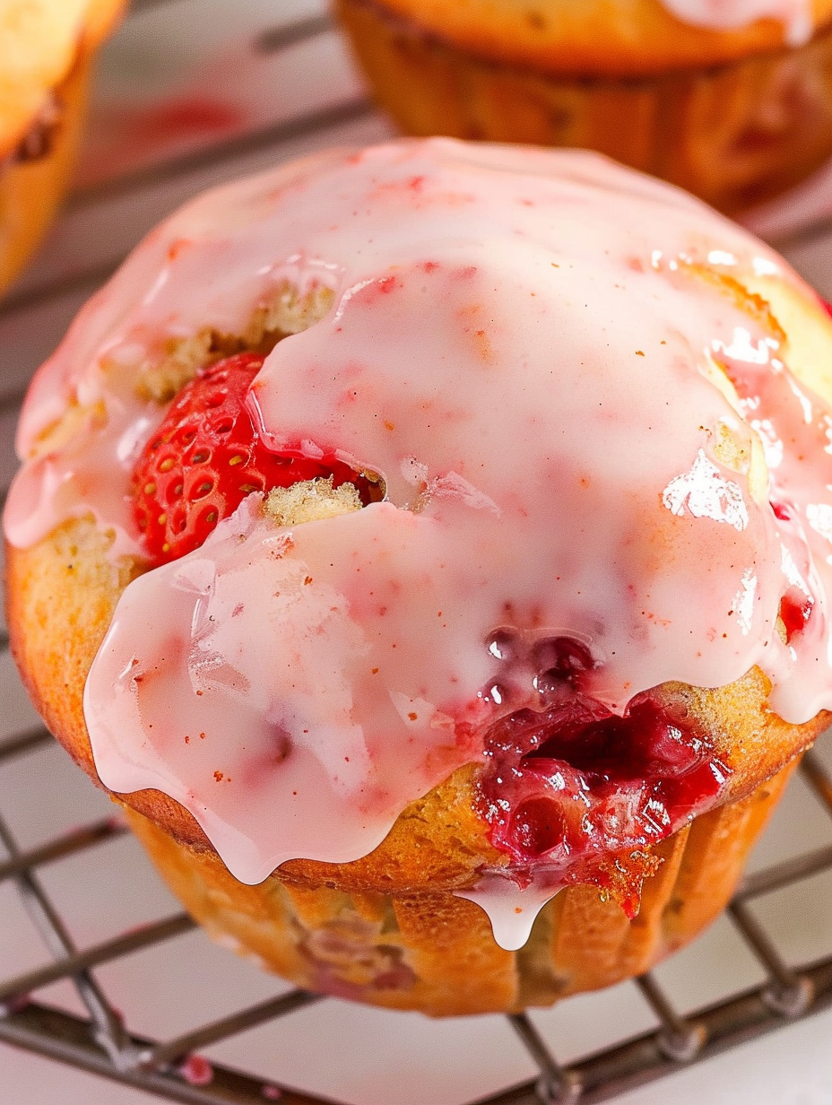 Fresh strawberry muffins cooling on a rack