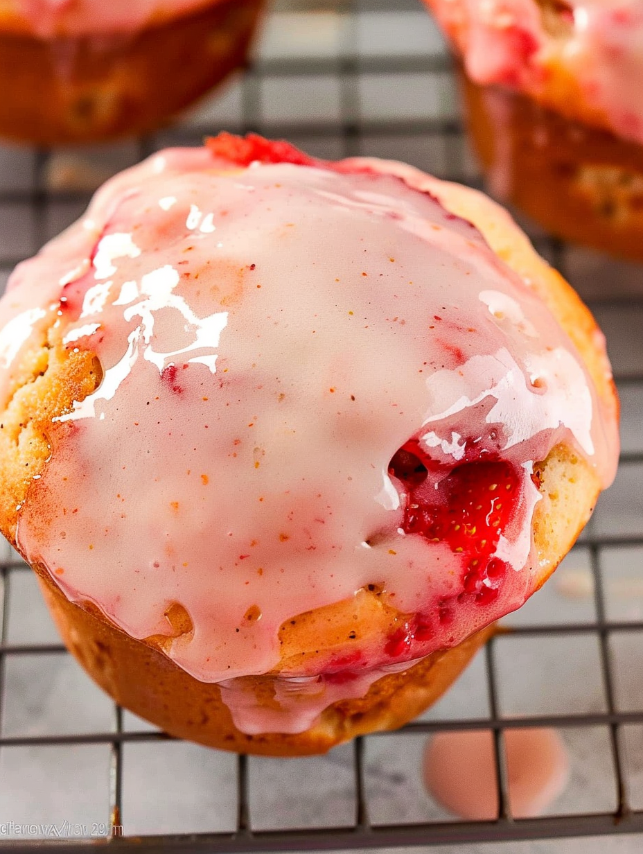 Glazed strawberry muffin with a bite taken