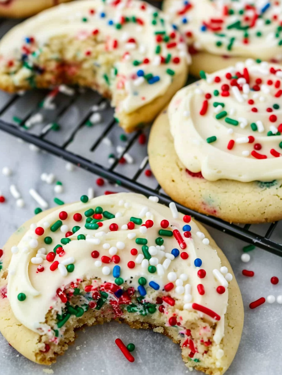 Frosted cookie with piped spiral and sprinkles