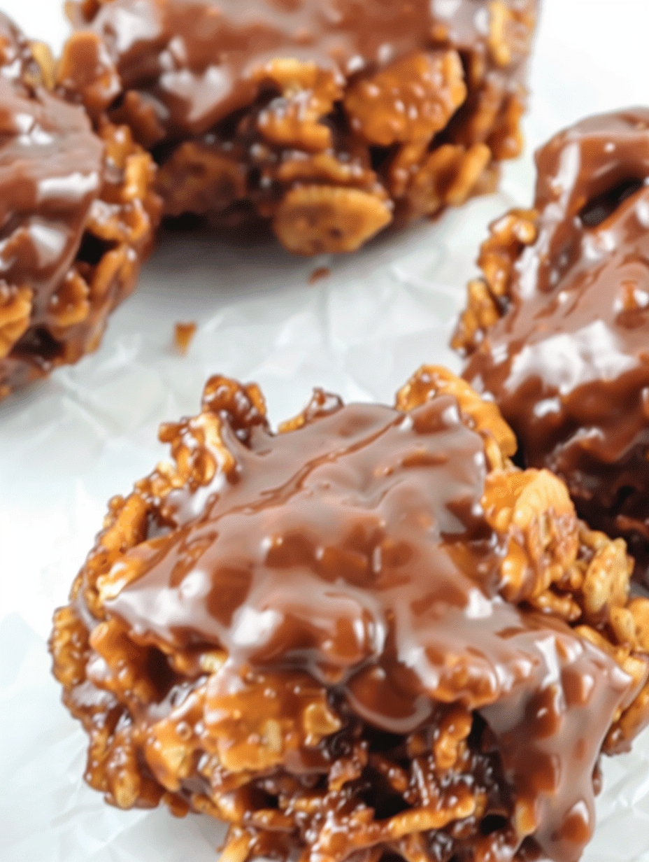 Close-up of Nutella-coated cornflake clusters