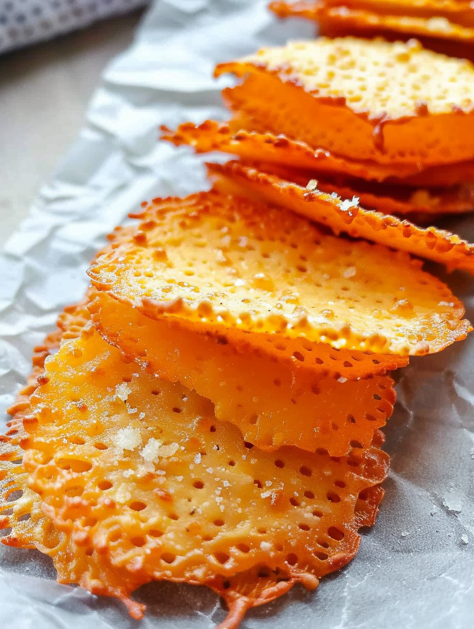 Fresh baked cheddar crisps on parchment