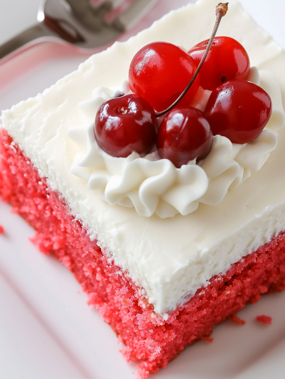 Slice of cherry sheet cake on a plate
